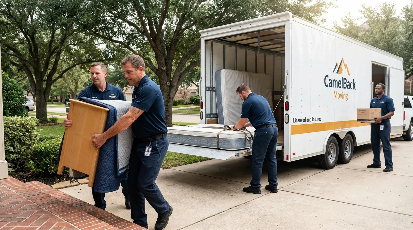 Crew loading residential truck for cross-state move from Hico, TX