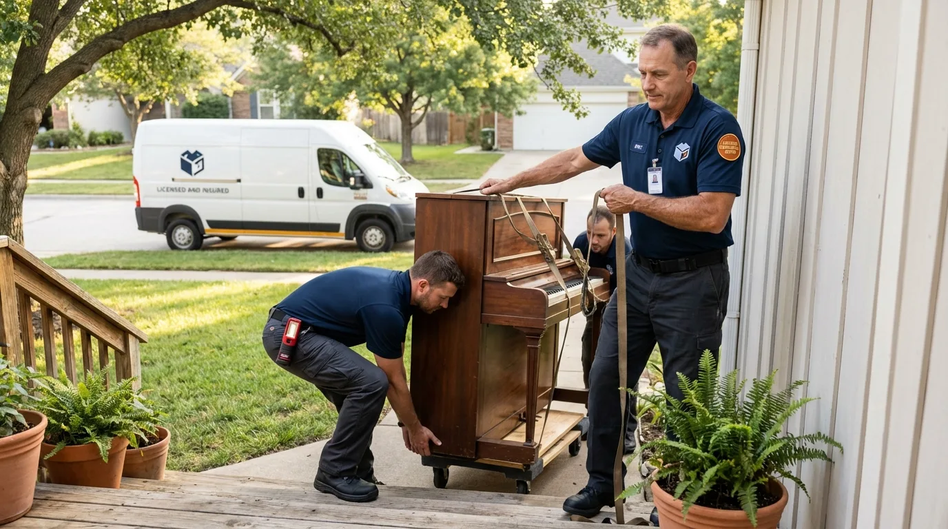 Licensed piano movers securing grand piano in Hico, TX