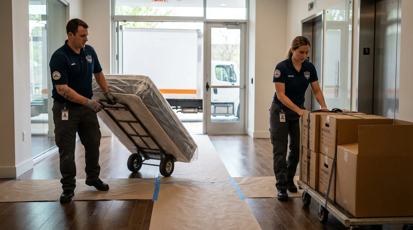 Professional apartment movers loading elevator in Hico, TX