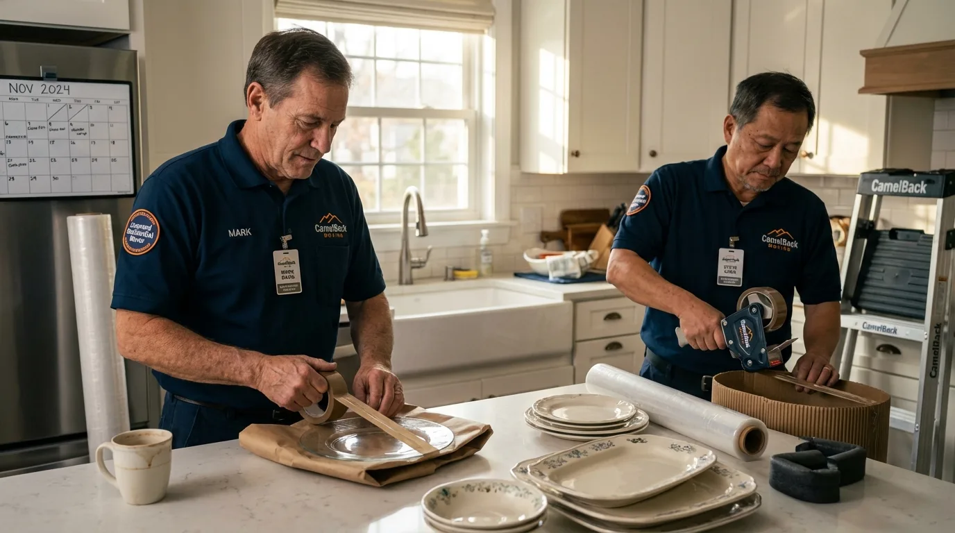 Professional crew packing kitchen dishware in Hico, TX